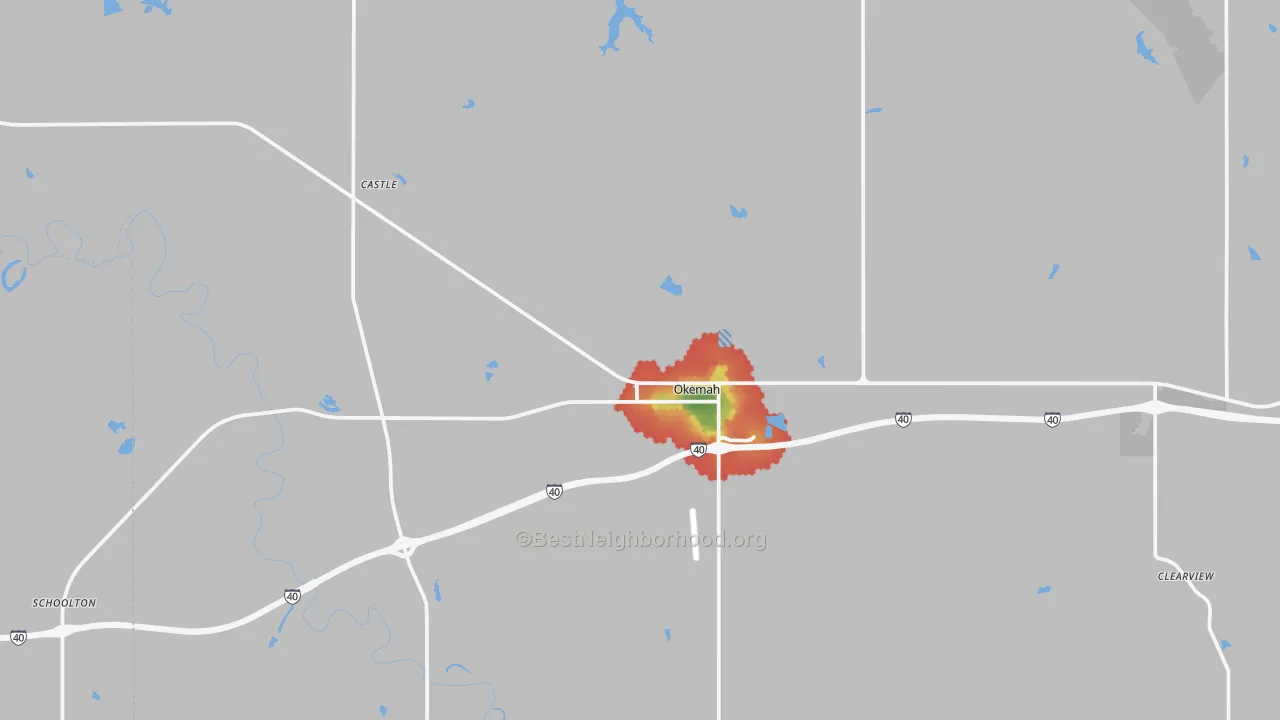 Walk Grade map of 74859, OK, walkable areas in green and car-dependent areas in red