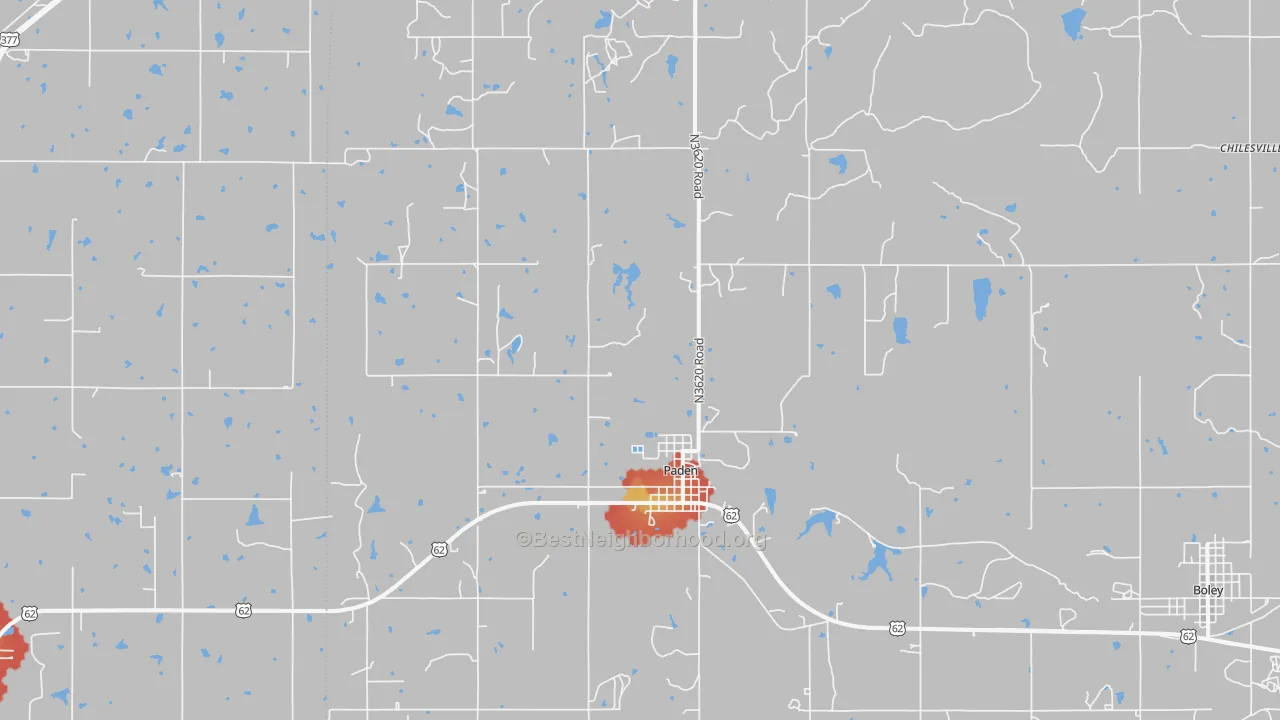 Walk Grade map of 74860, OK, walkable areas in green and car-dependent areas in red