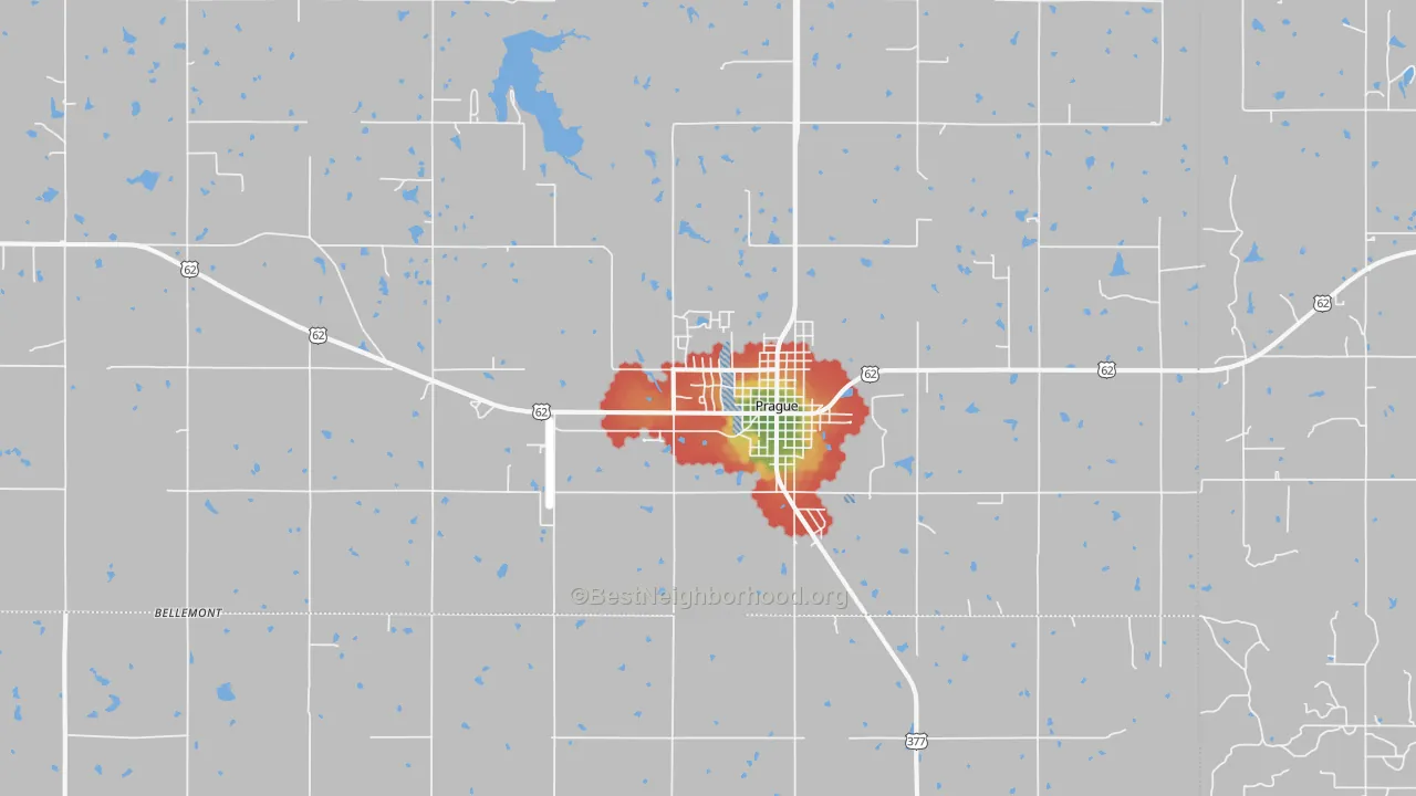Walk Grade map of 74864, OK, walkable areas in green and car-dependent areas in red