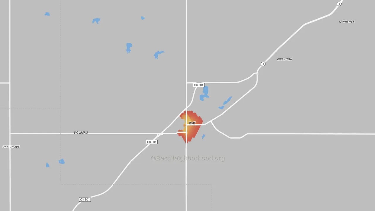 Walk Grade map of 74865, OK, walkable areas in green and car-dependent areas in red
