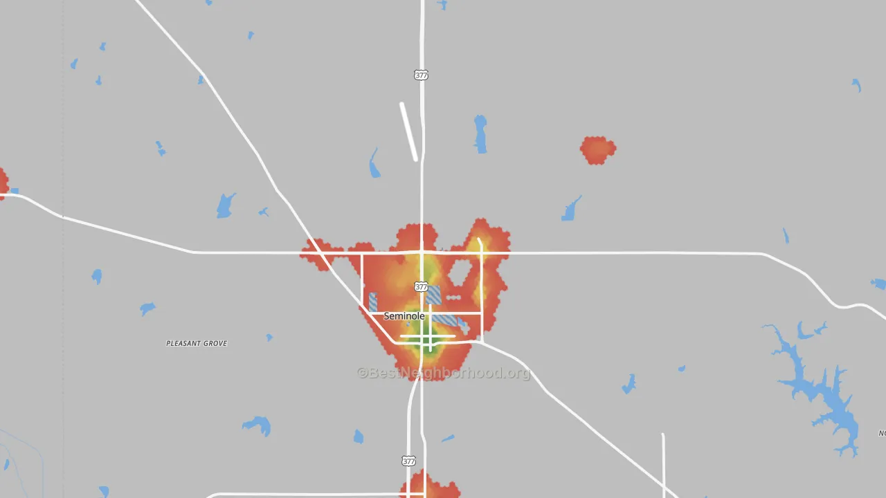 Walk Grade map of 74868, OK, walkable areas in green and car-dependent areas in red