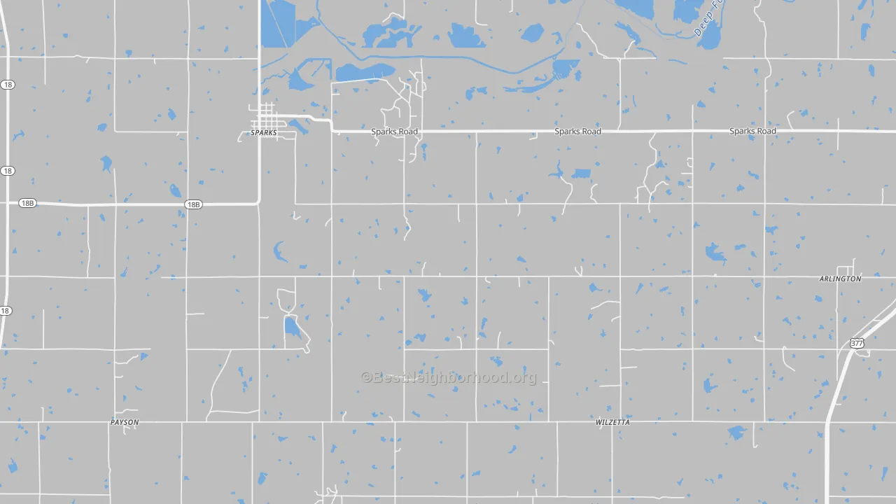 Walk Grade map of 74869, OK, walkable areas in green and car-dependent areas in red