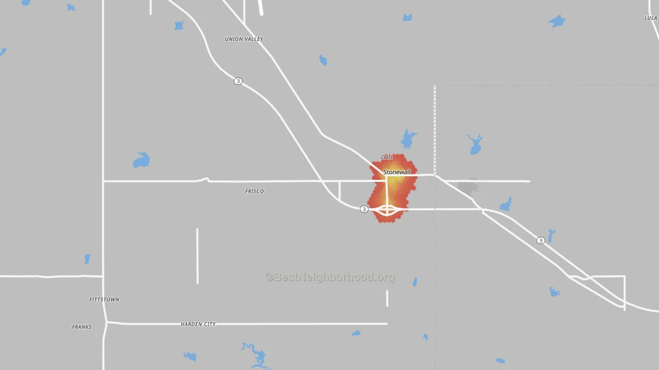 Walk Grade map of 74871, OK, walkable areas in green and car-dependent areas in red