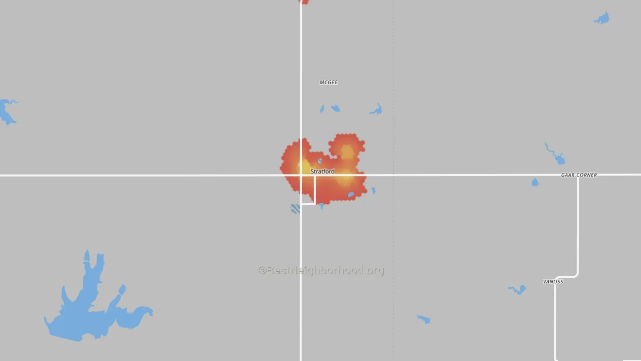 Walk Grade map of 74872, OK, walkable areas in green and car-dependent areas in red