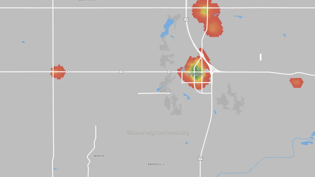 Walk Grade map of 74873, OK, walkable areas in green and car-dependent areas in red