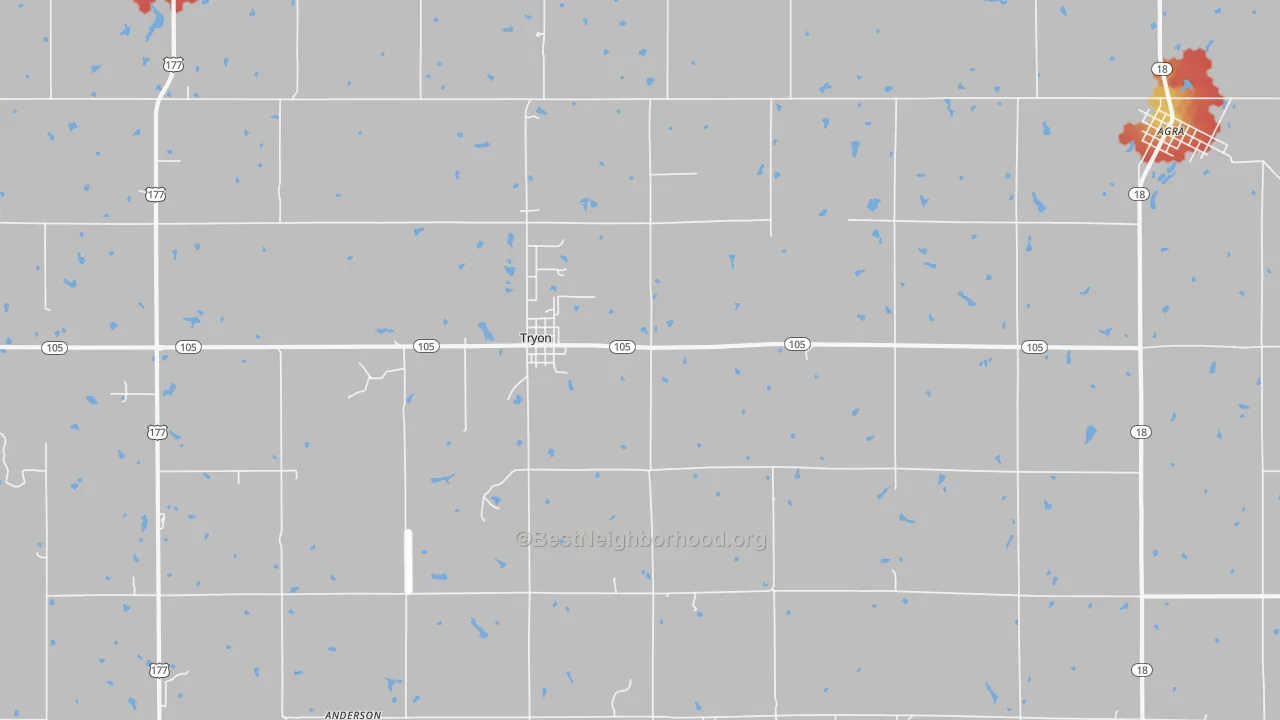 Walk Grade map of 74875, OK, walkable areas in green and car-dependent areas in red
