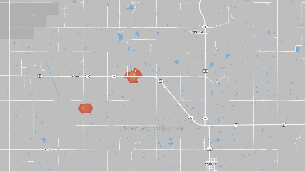 Walk Grade map of 74878, OK, walkable areas in green and car-dependent areas in red