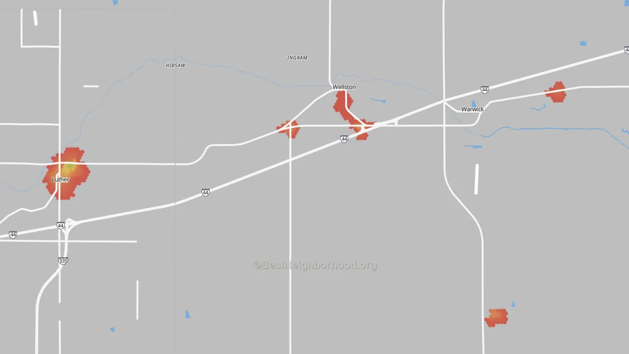 Walk Grade map of 74881, OK, walkable areas in green and car-dependent areas in red
