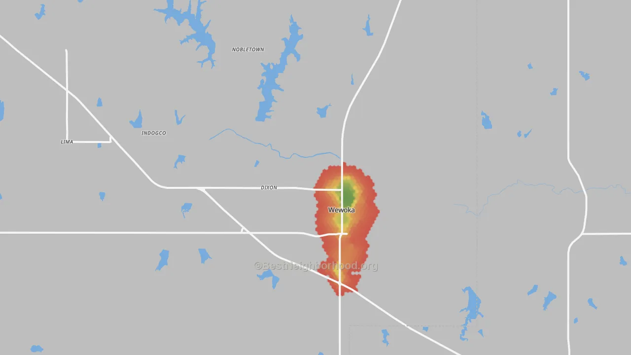 Walk Grade map of 74884, OK, walkable areas in green and car-dependent areas in red