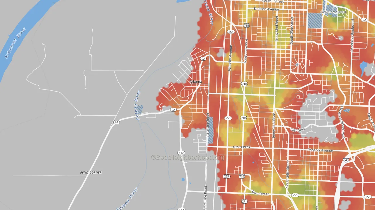 Walk Grade map of 74901, OK, walkable areas in green and car-dependent areas in red