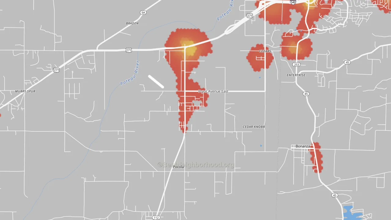 Walk Grade map of 74902, OK, walkable areas in green and car-dependent areas in red