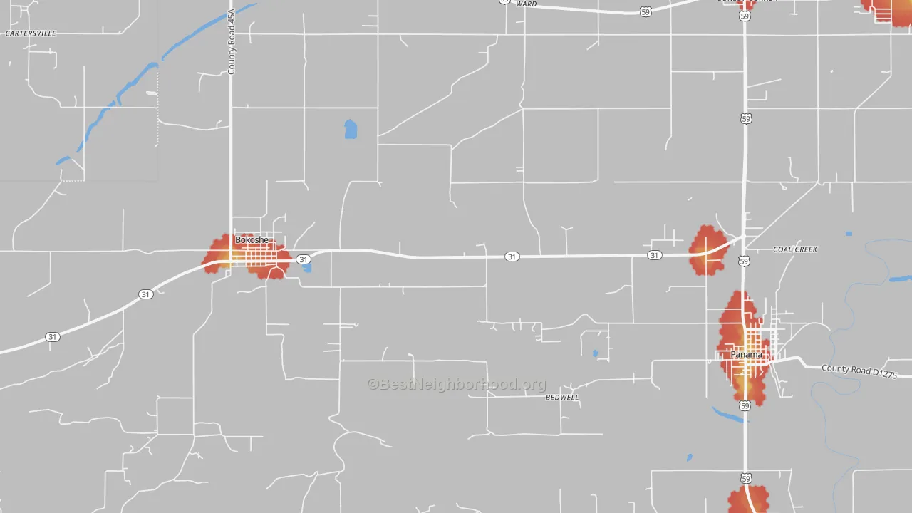 Walk Grade map of 74930, OK, walkable areas in green and car-dependent areas in red