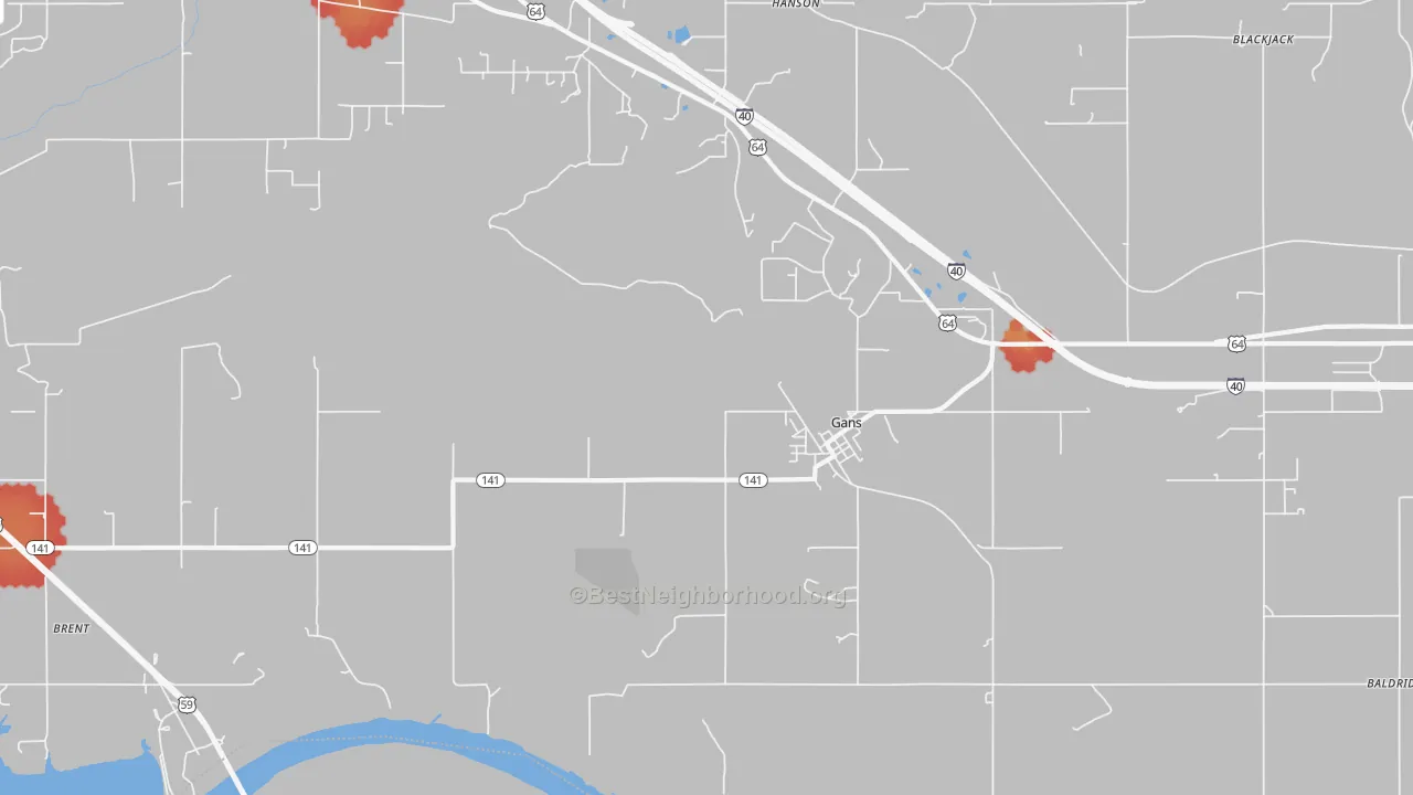 Walk Grade map of 74936, OK, walkable areas in green and car-dependent areas in red