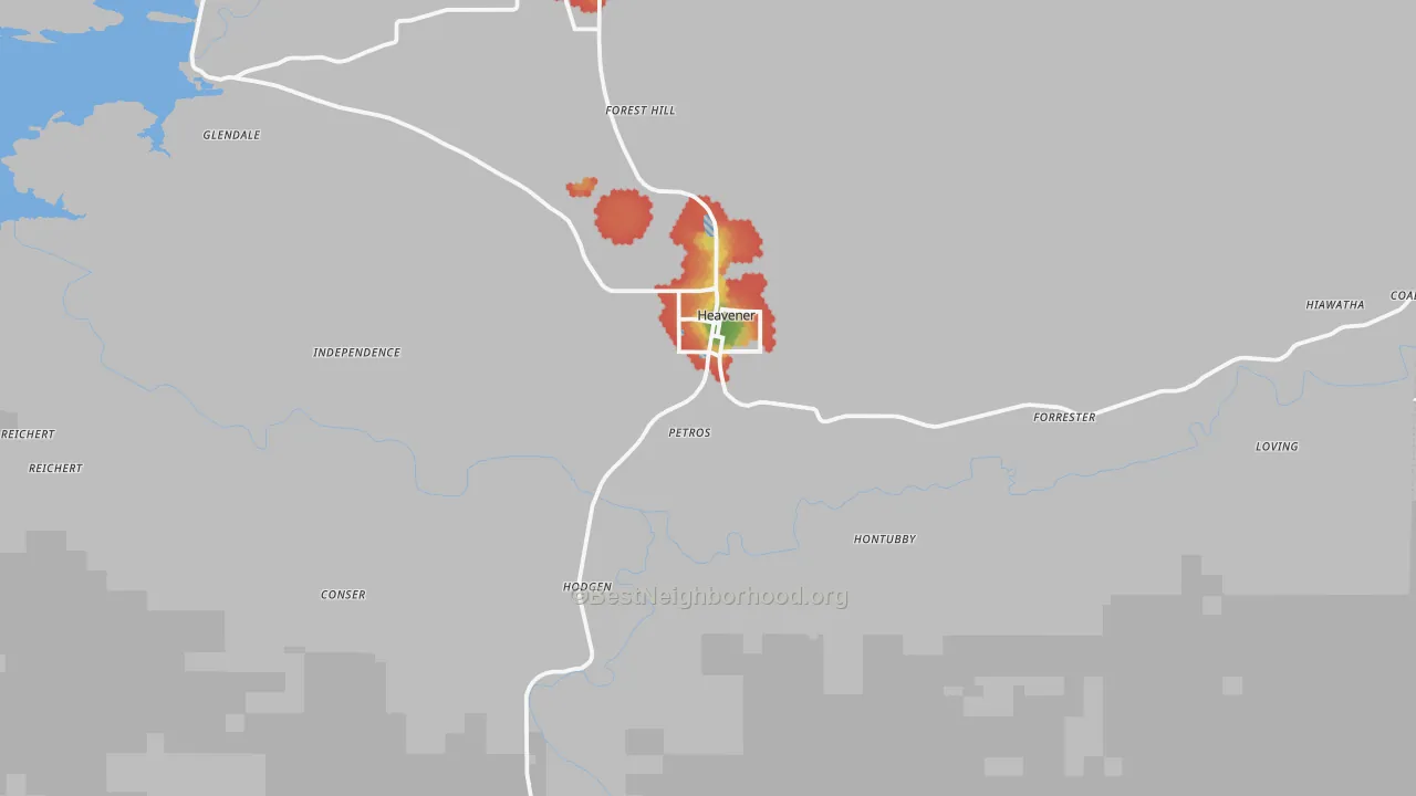 Walk Grade map of 74937, OK, walkable areas in green and car-dependent areas in red