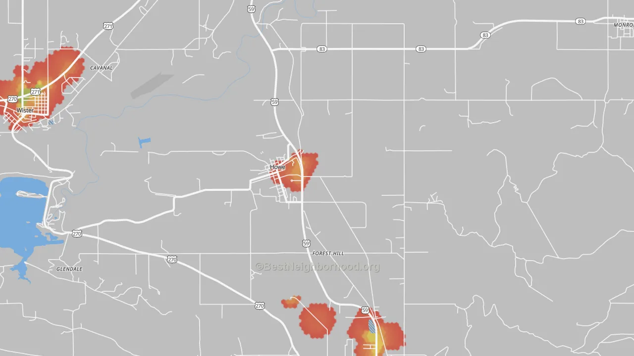 Walk Grade map of 74940, OK, walkable areas in green and car-dependent areas in red