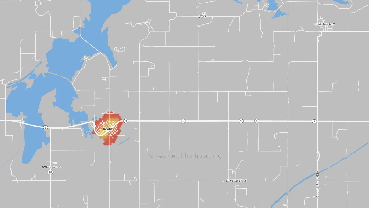 Walk Grade map of 74941, OK, walkable areas in green and car-dependent areas in red