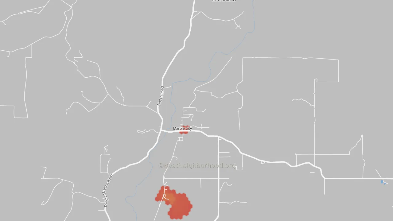 Walk Grade map of 74945, OK, walkable areas in green and car-dependent areas in red