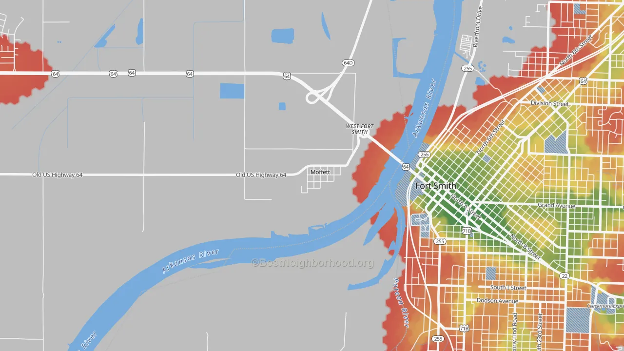 Walk Grade map of 74946, OK, walkable areas in green and car-dependent areas in red