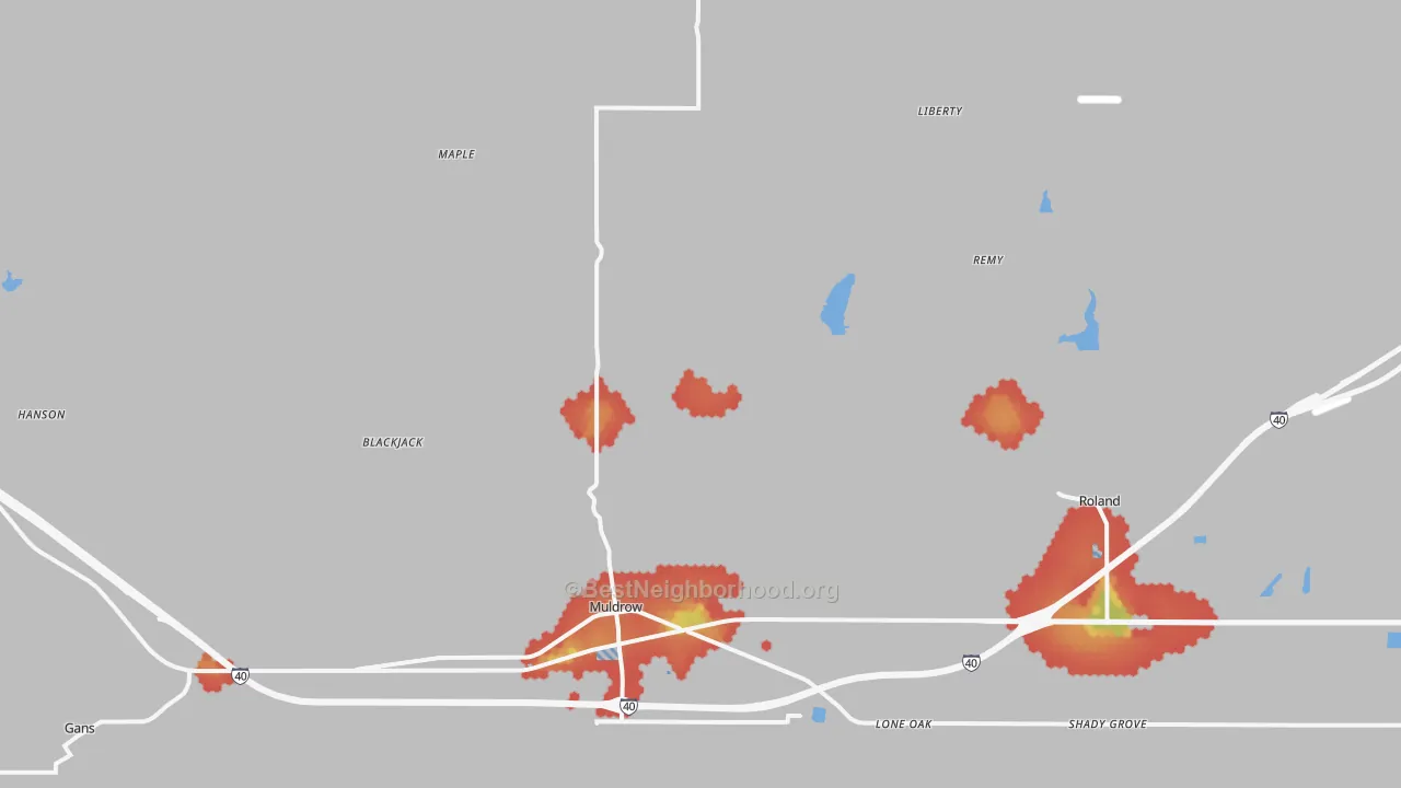 Walk Grade map of 74948, OK, walkable areas in green and car-dependent areas in red