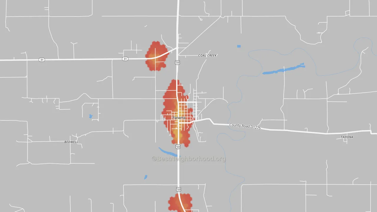 Walk Grade map of 74951, OK, walkable areas in green and car-dependent areas in red