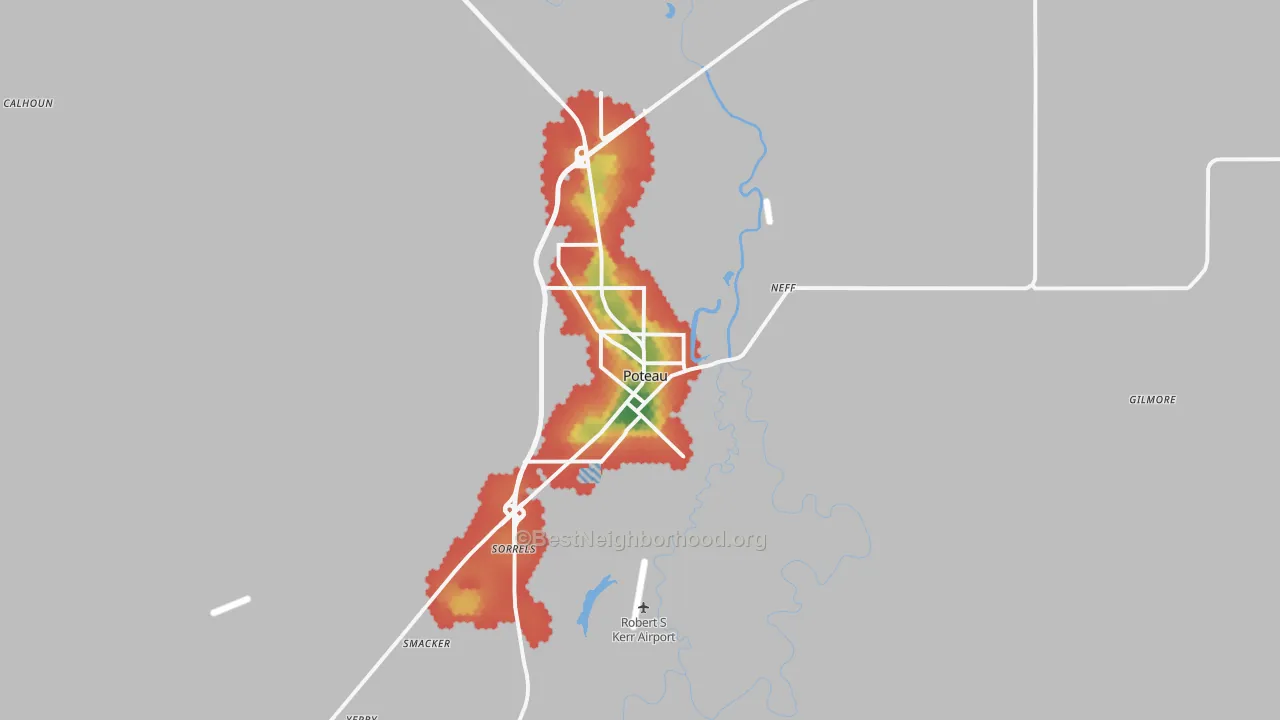 Walk Grade map of 74953, OK, walkable areas in green and car-dependent areas in red