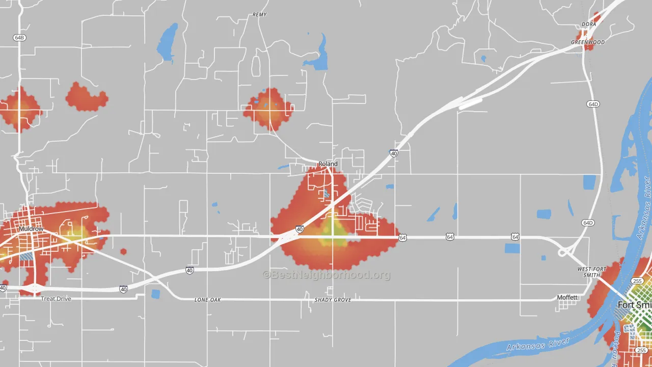 Walk Grade map of 74954, OK, walkable areas in green and car-dependent areas in red