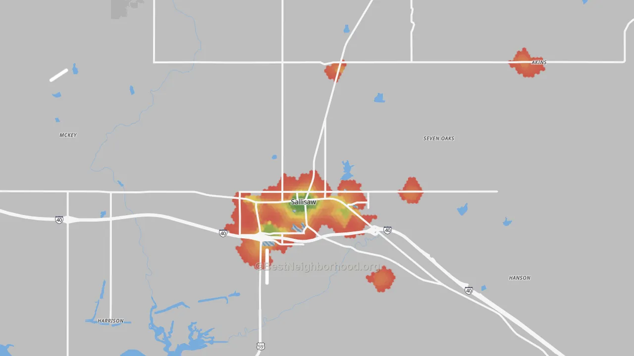 Walk Grade map of 74955, OK, walkable areas in green and car-dependent areas in red