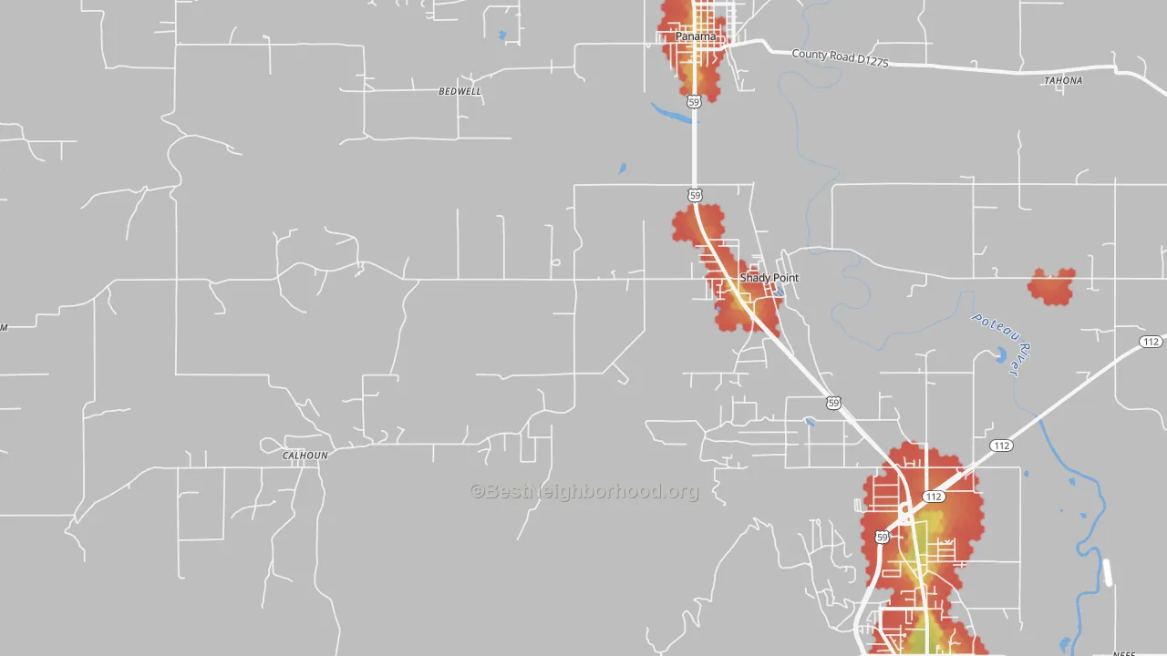Walk Grade map of 74956, OK, walkable areas in green and car-dependent areas in red