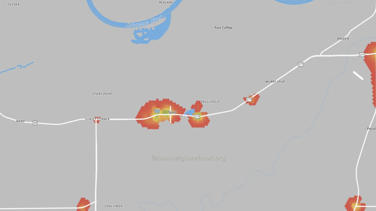 Walk Grade map of 74959, OK, walkable areas in green and car-dependent areas in red