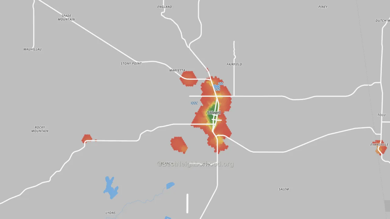 Walk Grade map of 74960, OK, walkable areas in green and car-dependent areas in red