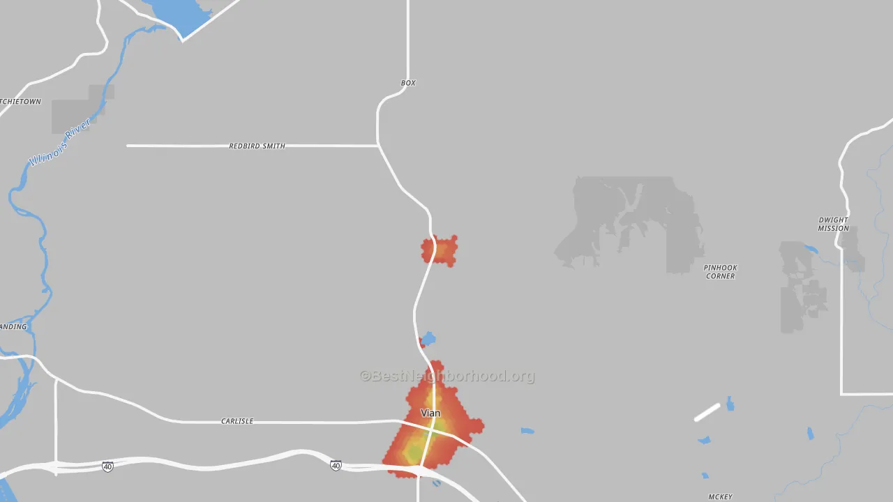 Walk Grade map of 74962, OK, walkable areas in green and car-dependent areas in red