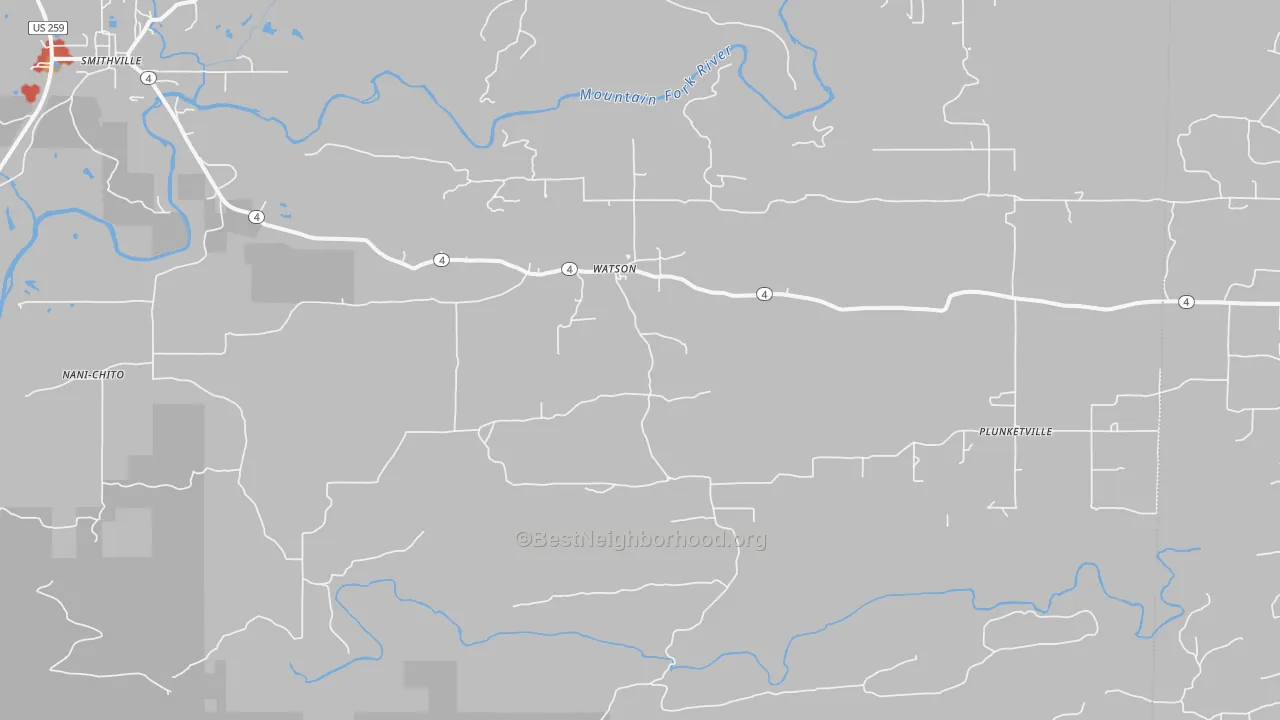 Walk Grade map of 74963, OK, walkable areas in green and car-dependent areas in red