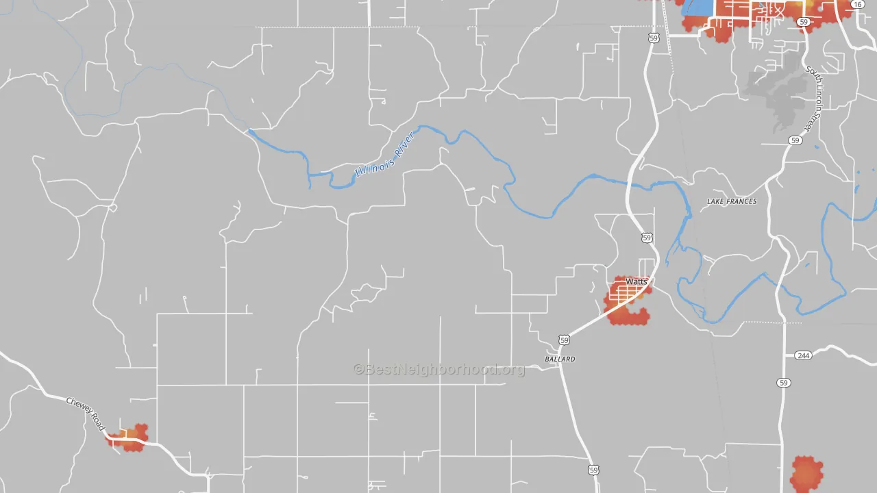 Walk Grade map of 74964, OK, walkable areas in green and car-dependent areas in red