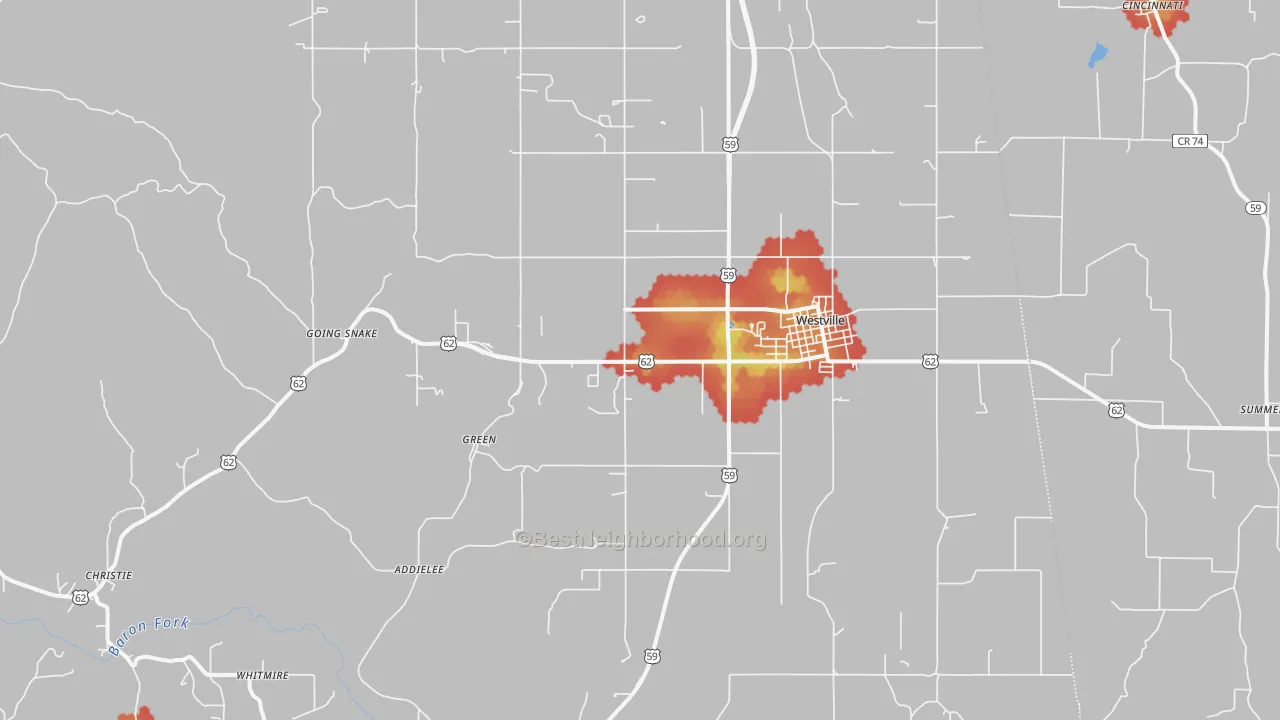 Walk Grade map of 74965, OK, walkable areas in green and car-dependent areas in red