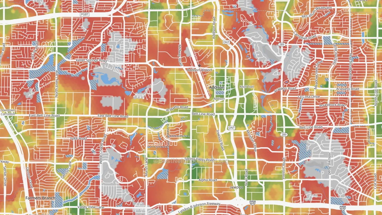 Walk Grade map of 75001, TX, walkable areas in green and car-dependent areas in red