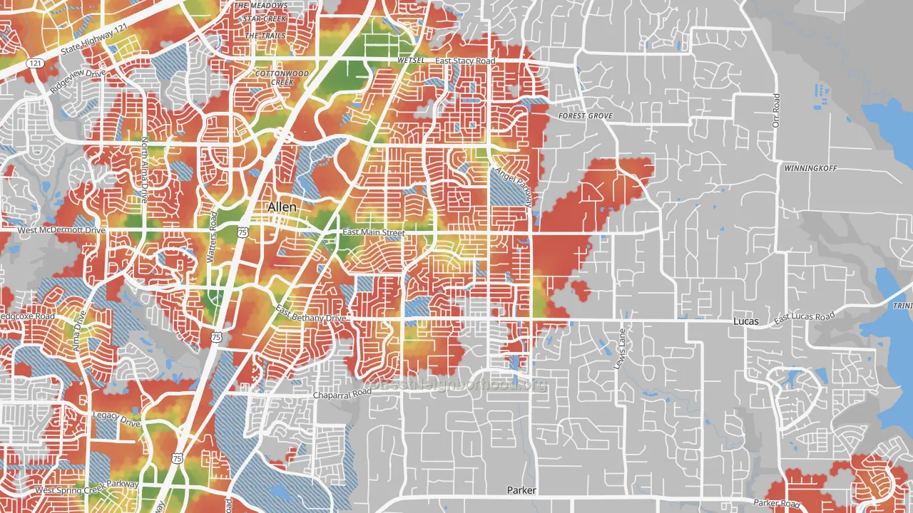 Walk Grade map of 75002, TX, walkable areas in green and car-dependent areas in red