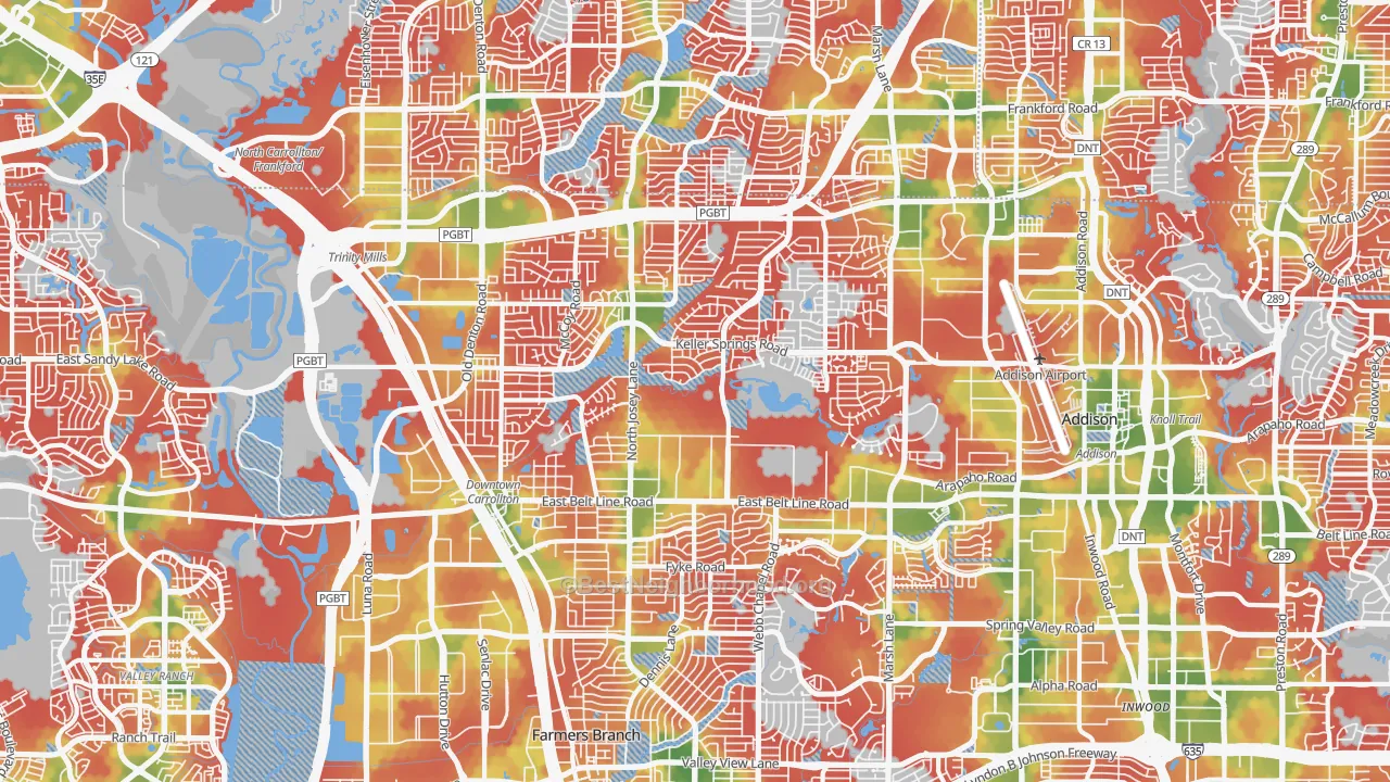 Walk Grade map of 75006, TX, walkable areas in green and car-dependent areas in red