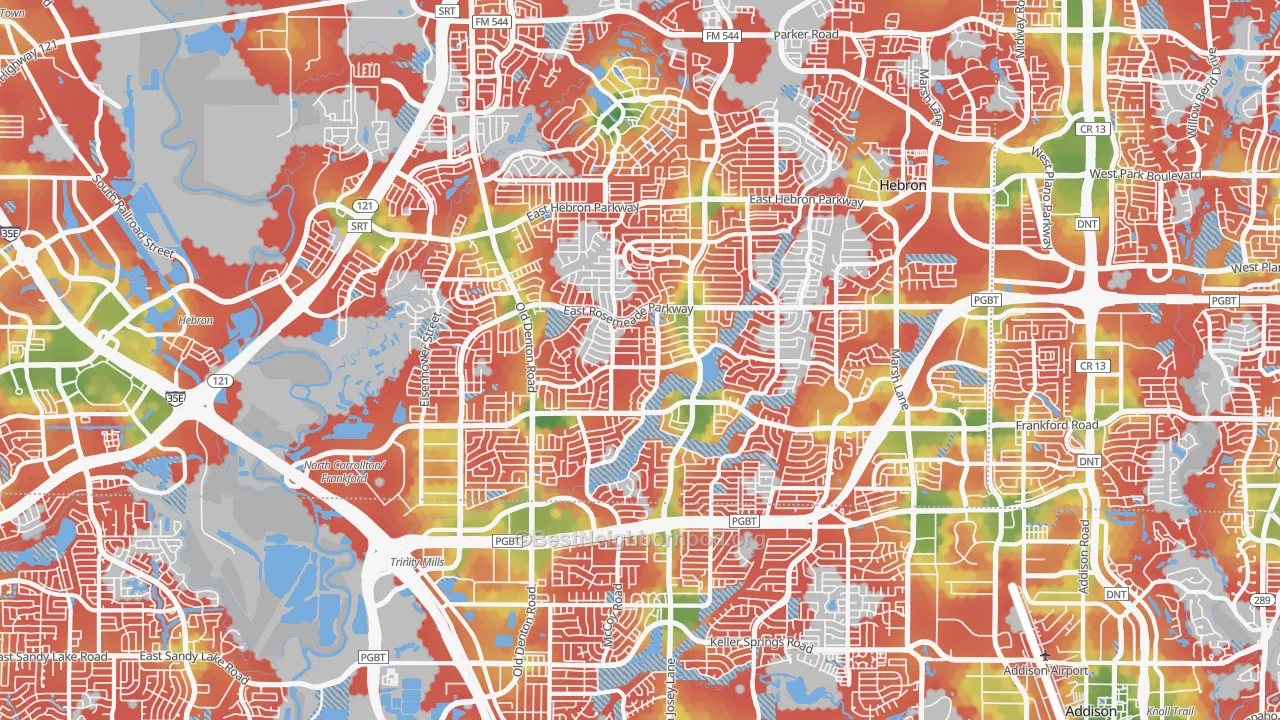 Walk Grade map of 75007, TX, walkable areas in green and car-dependent areas in red