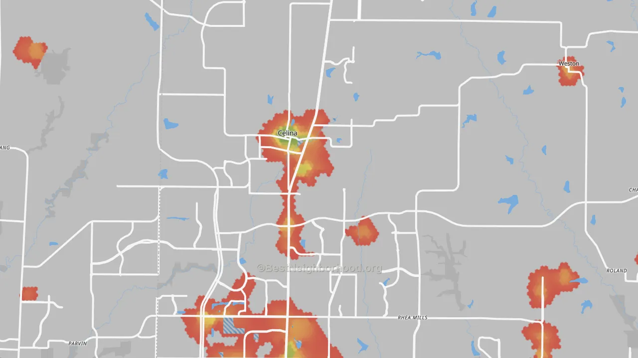 Walk Grade map of 75009, TX, walkable areas in green and car-dependent areas in red