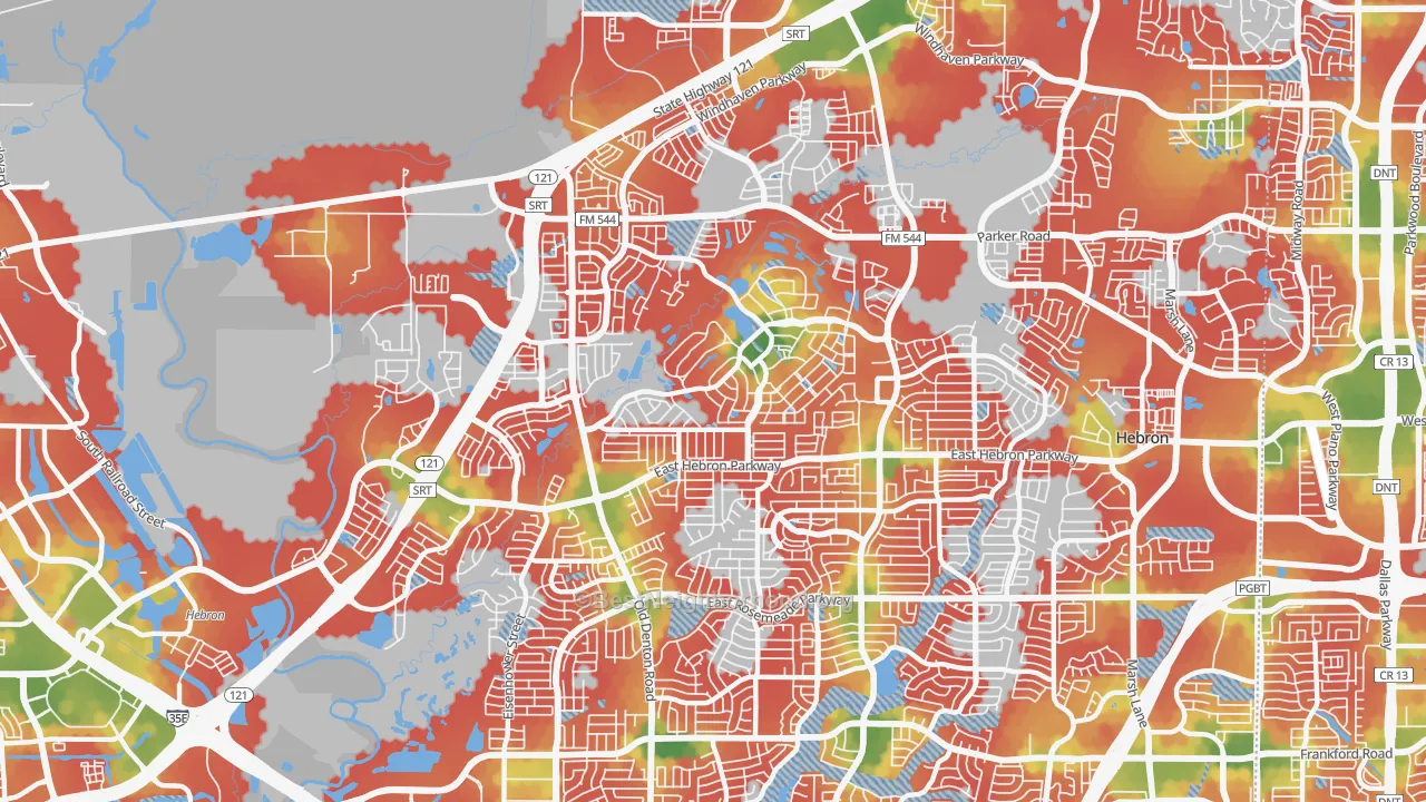Walk Grade map of 75010, TX, walkable areas in green and car-dependent areas in red