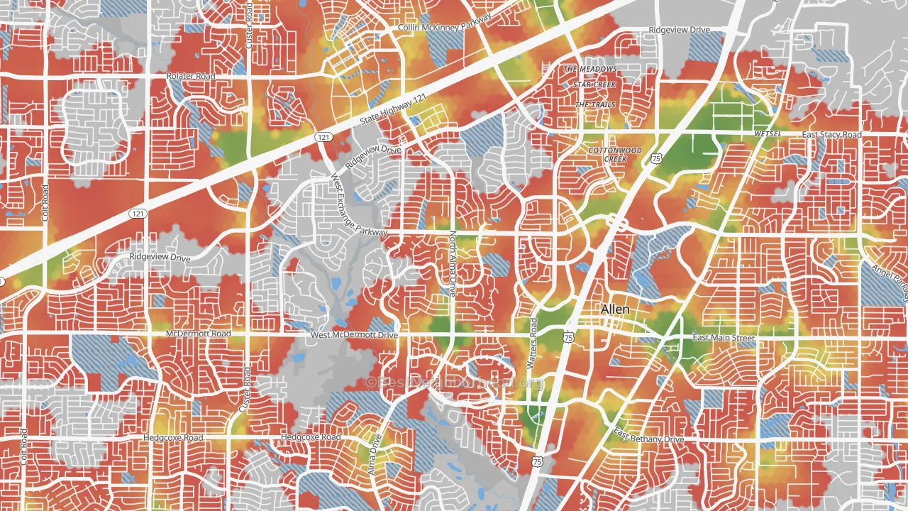 Walk Grade map of 75013, TX, walkable areas in green and car-dependent areas in red