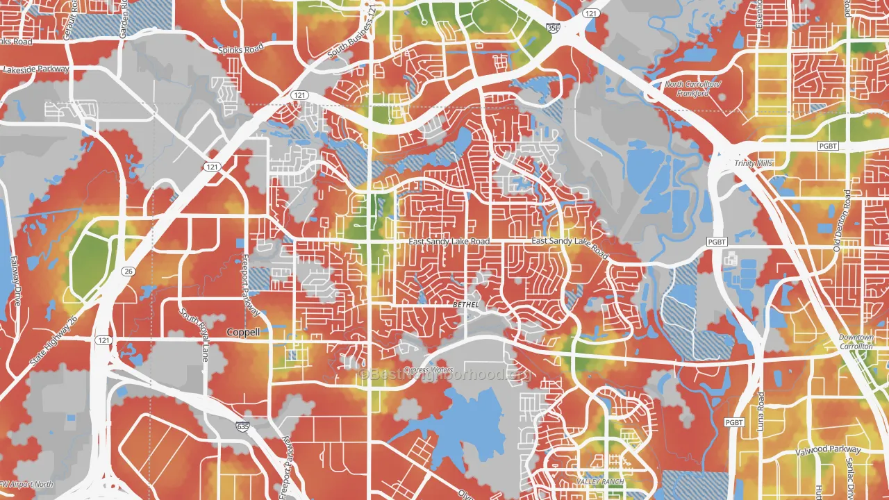 Walk Grade map of 75019, TX, walkable areas in green and car-dependent areas in red