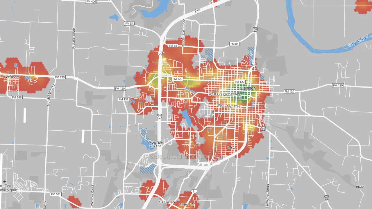 Walk Grade map of 75020, TX, walkable areas in green and car-dependent areas in red