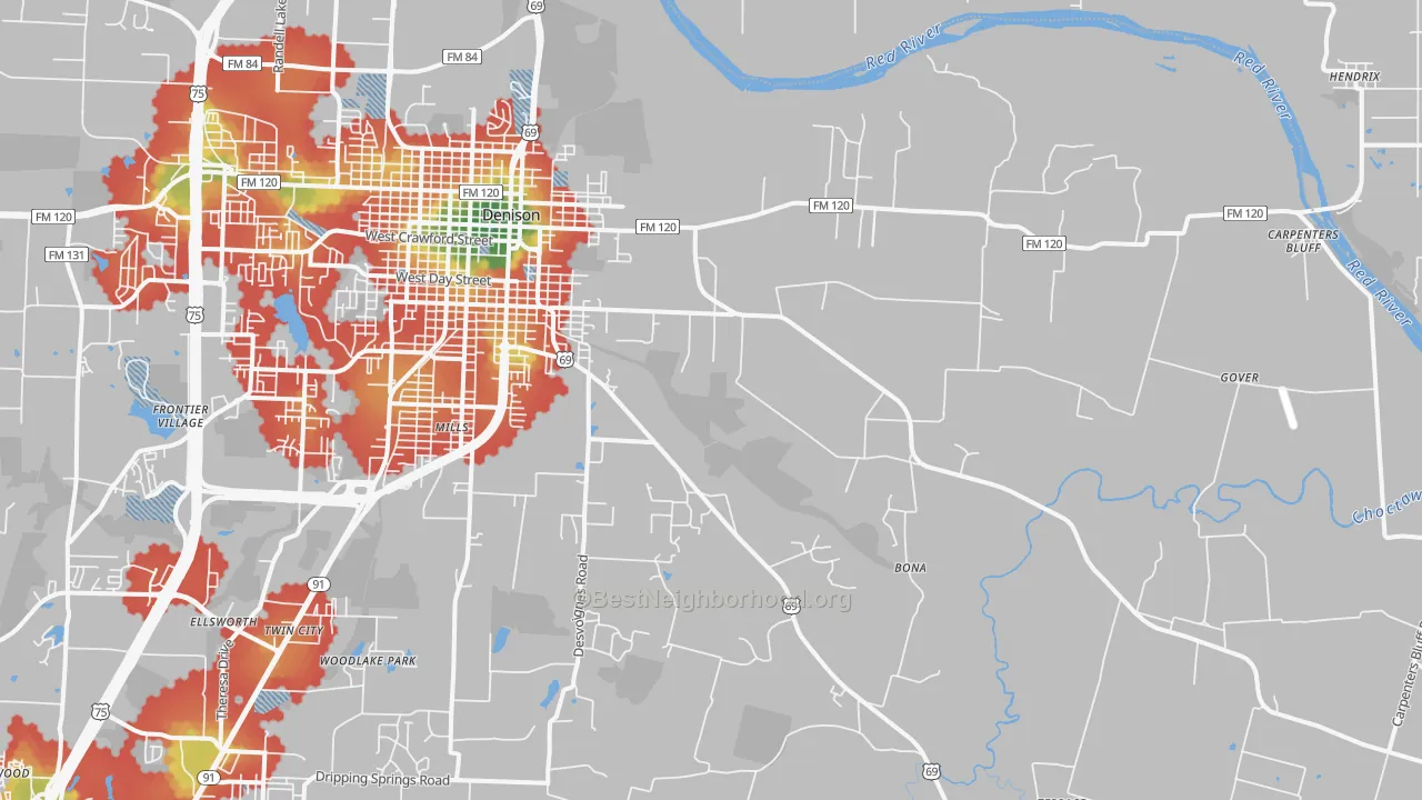 Walk Grade map of 75021, TX, walkable areas in green and car-dependent areas in red