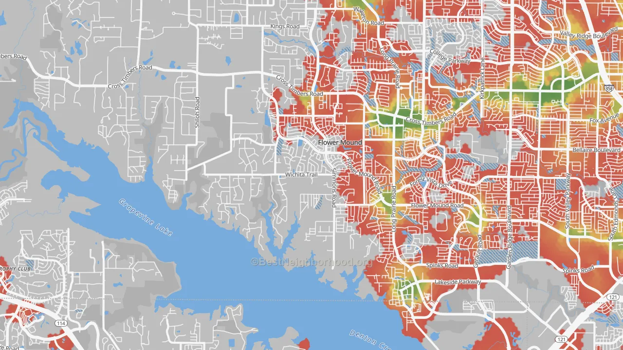 Walk Grade map of 75022, TX, walkable areas in green and car-dependent areas in red