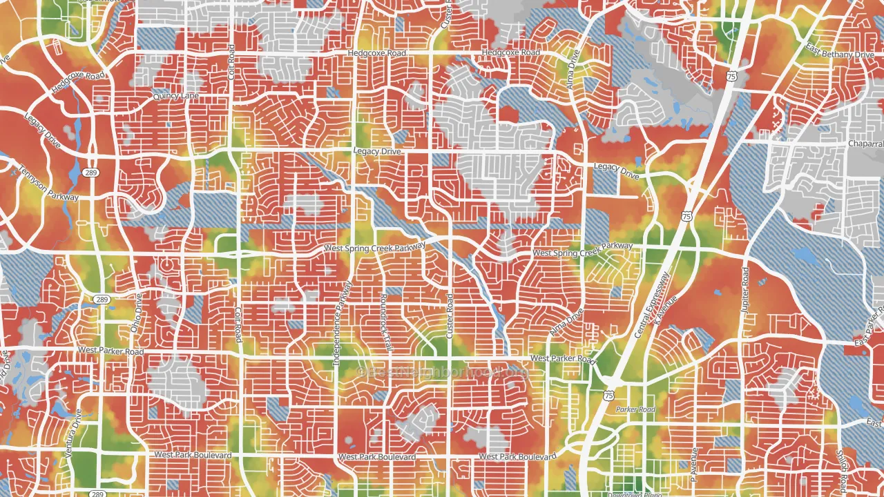 Walk Grade map of 75023, TX, walkable areas in green and car-dependent areas in red
