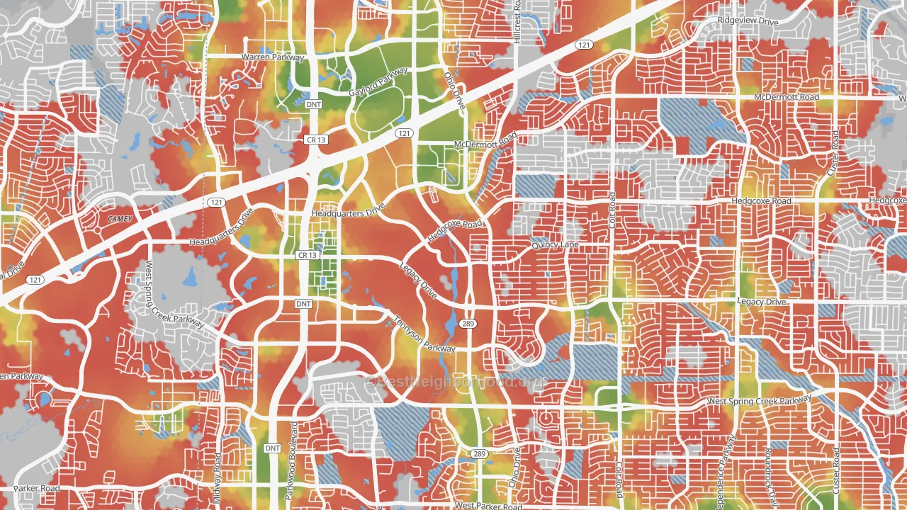 Walk Grade map of 75024, TX, walkable areas in green and car-dependent areas in red