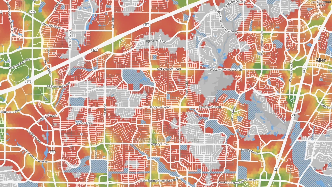 Walk Grade map of 75025, TX, walkable areas in green and car-dependent areas in red