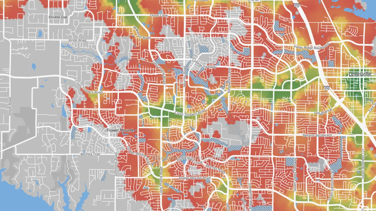 Walk Grade map of 75028, TX, walkable areas in green and car-dependent areas in red