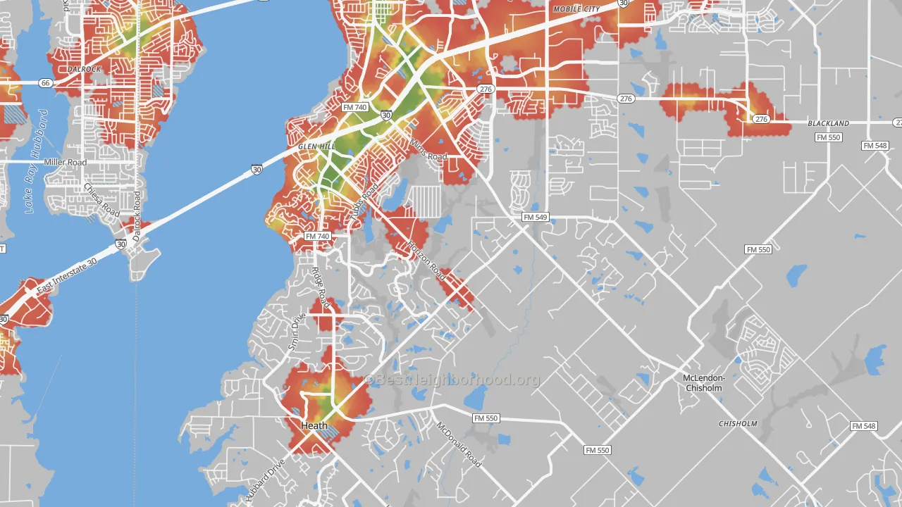 Walk Grade map of 75032, TX, walkable areas in green and car-dependent areas in red